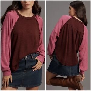NWT new medium Anthropologie pilcro ruffled raglan thermal long sleeve top plum